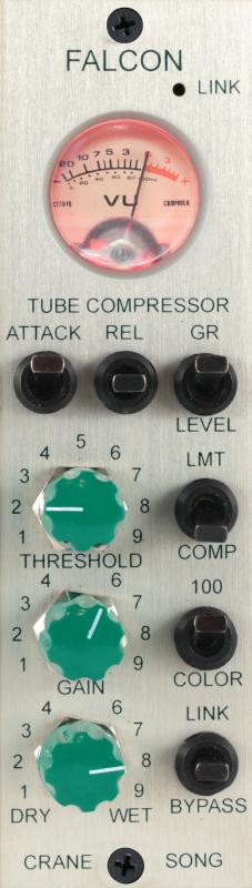 Close-up of a Falcon tube compressor audio processor front panel with knobs, switches, and a VU meter.