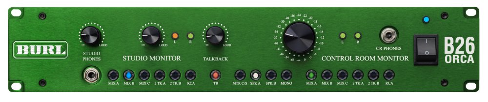 Front panel of a green studio monitor controller with multiple knobs, headphone jacks, and switch.