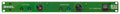 Front panel of a green audio mixer with controls for left and right mix, gain buttons, and a power switch.