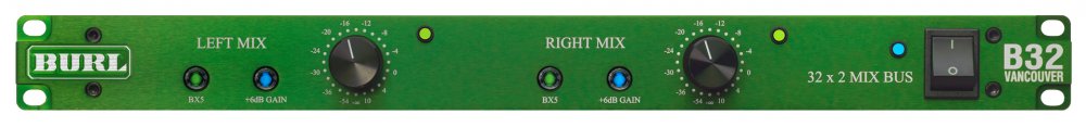 Front panel of a green audio mixer with controls for left and right mix, gain buttons, and a power switch.
