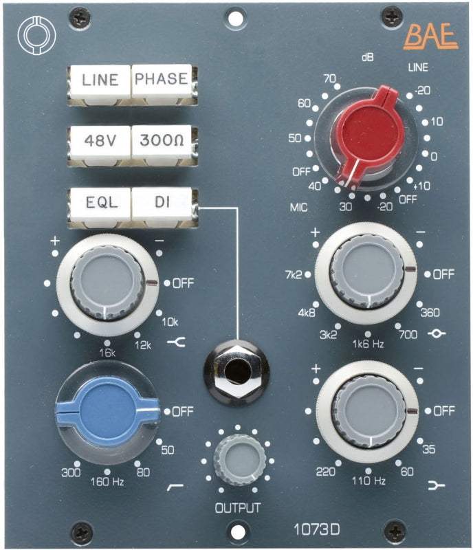 Front panel of a BAE 1073D audio preamp with knobs, buttons, and a 1/4 inch jack connector.