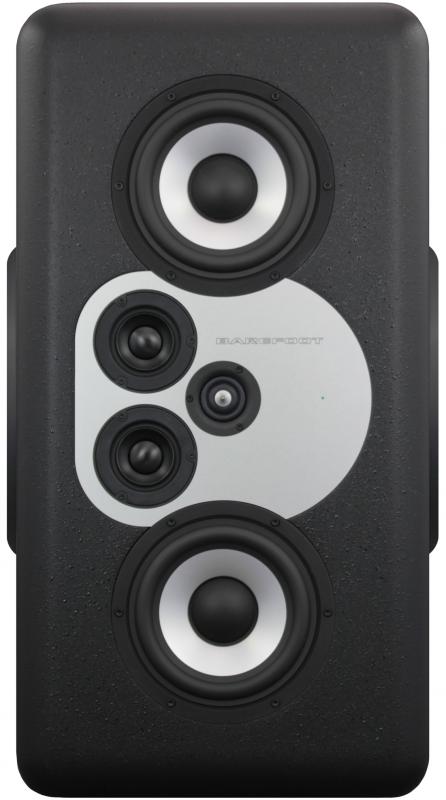 Front view of a black and gray studio monitor speaker with multiple drivers and BAREFOOT logo.