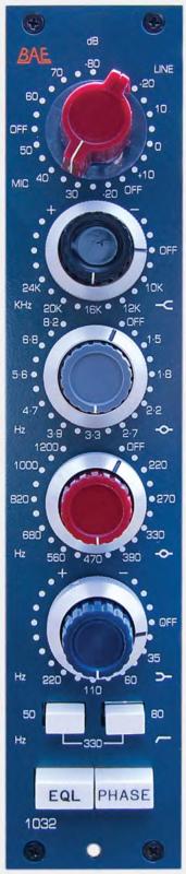 Front panel of a blue audio preamp/EQ module with five rotary knobs and two rocker switches labeled EQL and PHASE.