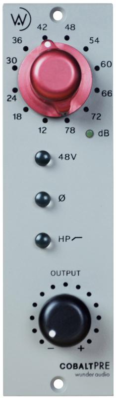 Front view of a device panel with red and black knobs labeled for dB, 48V, Ø, HP, and output control.