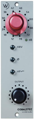 Front view of a device panel with red and black knobs labeled for dB, 48V, Ø, HP, and output control.