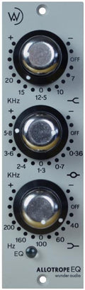 Front panel of a silver audio equalizer module with three rotary knobs and frequency markings.