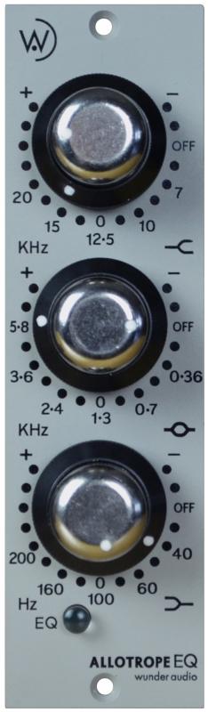 Front panel of a silver audio equalizer module with three rotary knobs and frequency markings.