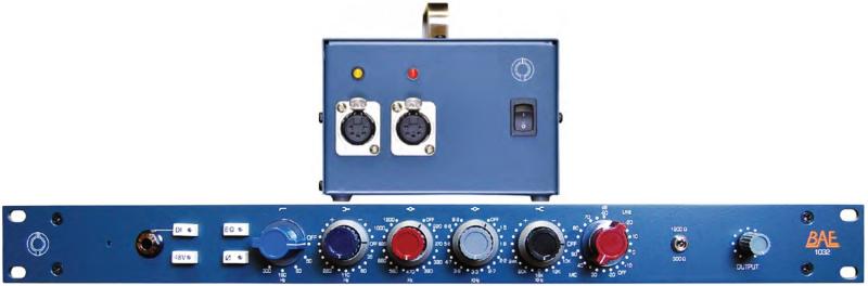 Blue rackmount audio preamp unit with multiple rotary knobs and two XLR connectors alongside a matching blue power supply box.