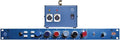 Blue rackmount audio preamp unit with multiple rotary knobs and two XLR connectors alongside a matching blue power supply box.