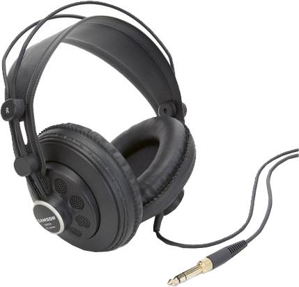 Black over-ear headphones with coiled headband and 1/4 inch audio jack connector.