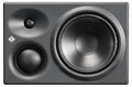 Front view of a black studio monitor speaker with a tweeter, midrange driver, and woofer.