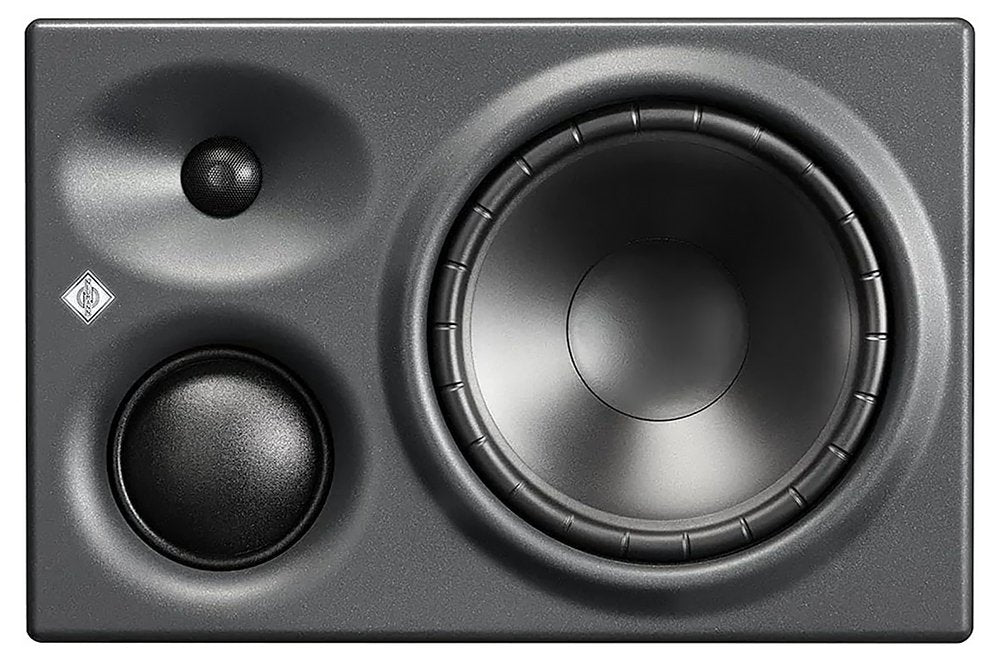 Front view of a black studio monitor speaker with a tweeter, midrange driver, and woofer.