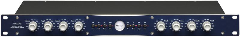 Front panel of a 19-inch rack unit stereo dynamics processor with knobs and switches labeled Attack, Freq, Sustain, and Bypass.
