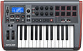 Black and red MIDI controller keyboard with 25 keys, knobs, pads, sliders, and an LCD screen showing settings.