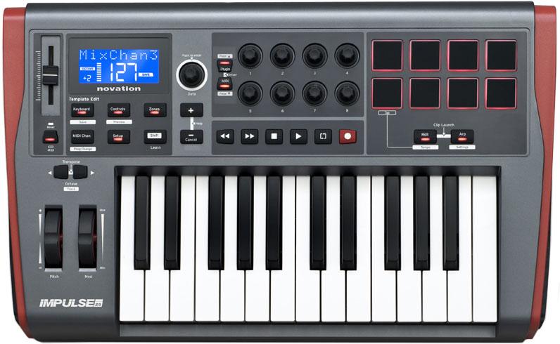 Black and red MIDI controller keyboard with 25 keys, knobs, pads, sliders, and an LCD screen showing settings.