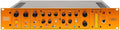 Orange and black rack unit with multiple knobs, switches, and LED meters labeled Mix Satellite VSM-2.