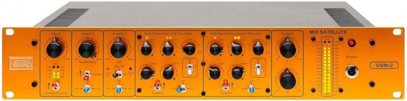 Orange and black rack unit with multiple knobs, switches, and LED meters labeled Mix Satellite VSM-2.