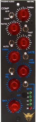 Front panel of an audio processor with red knobs, toggle switches, and labeled controls for compression, gate, and gain.