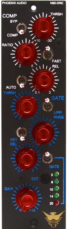 Front panel of an audio processor with red knobs, toggle switches, and labeled controls for compression, gate, and gain.
