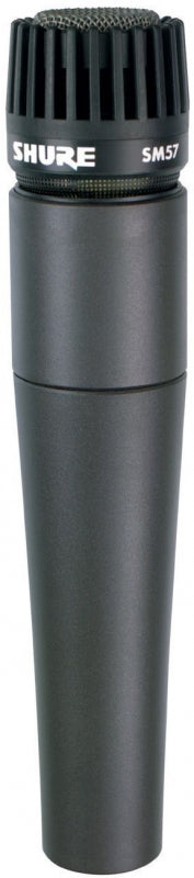 Black Shure SM57 dynamic microphone with metal mesh grille and visible XLR connector