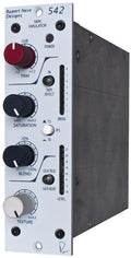 Front panel of an audio processor module with knobs, switches, and level indicators labeled for tape emulation functions.