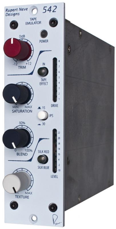 Front panel of an audio processor module with knobs, switches, and level indicators labeled for tape emulation functions.