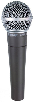 A handheld microphone with a metallic mesh grille and black body labeled SHURE SM58.