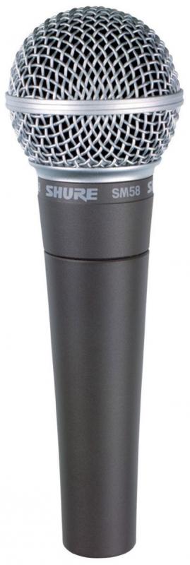 A handheld microphone with a metallic mesh grille and black body labeled SHURE SM58.