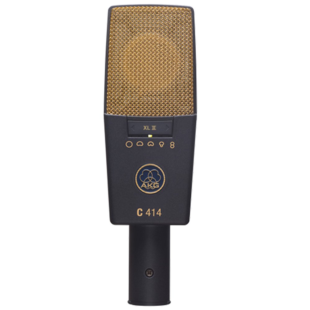 Front view of a black and gold AKG C414 microphone showing control buttons and XLR connector.