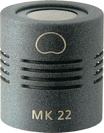 Close-up of a gray cylindrical microphone capsule labeled MK 22 with a mesh top and vented sides.