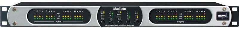 Front panel of a black and silver SPL Madison audio interface with LED metering and a power button.