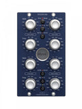 Front view of a blue Elysia Xfilter 500 stereo equalizer module with multiple rotary knobs and push buttons.