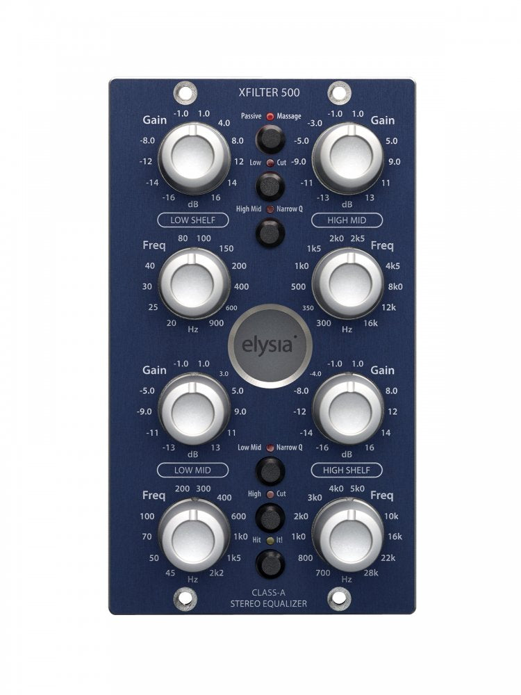 Front view of a blue Elysia Xfilter 500 stereo equalizer module with multiple rotary knobs and push buttons.