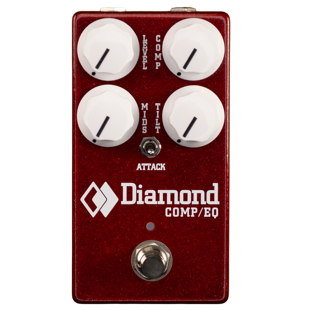 Red guitar pedal with four white knobs, a toggle switch labeled Attack, and a footswitch from Diamond Pedals.