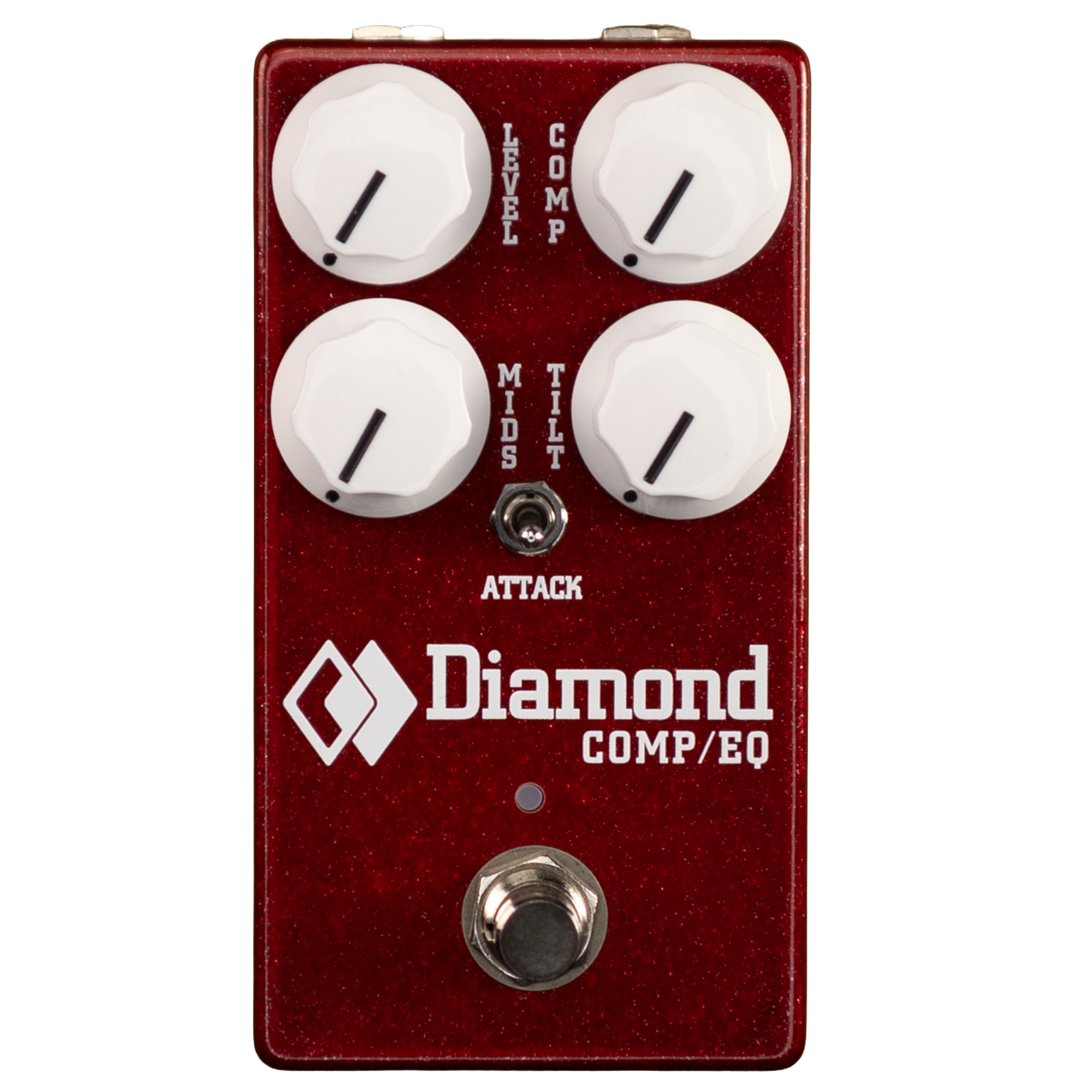 Red guitar pedal with four white knobs, a toggle switch labeled Attack, and a footswitch from Diamond Pedals.