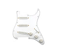 White guitar pickguard with three single coil pickups, three control knobs, a toggle switch, and gold screws on a white background.