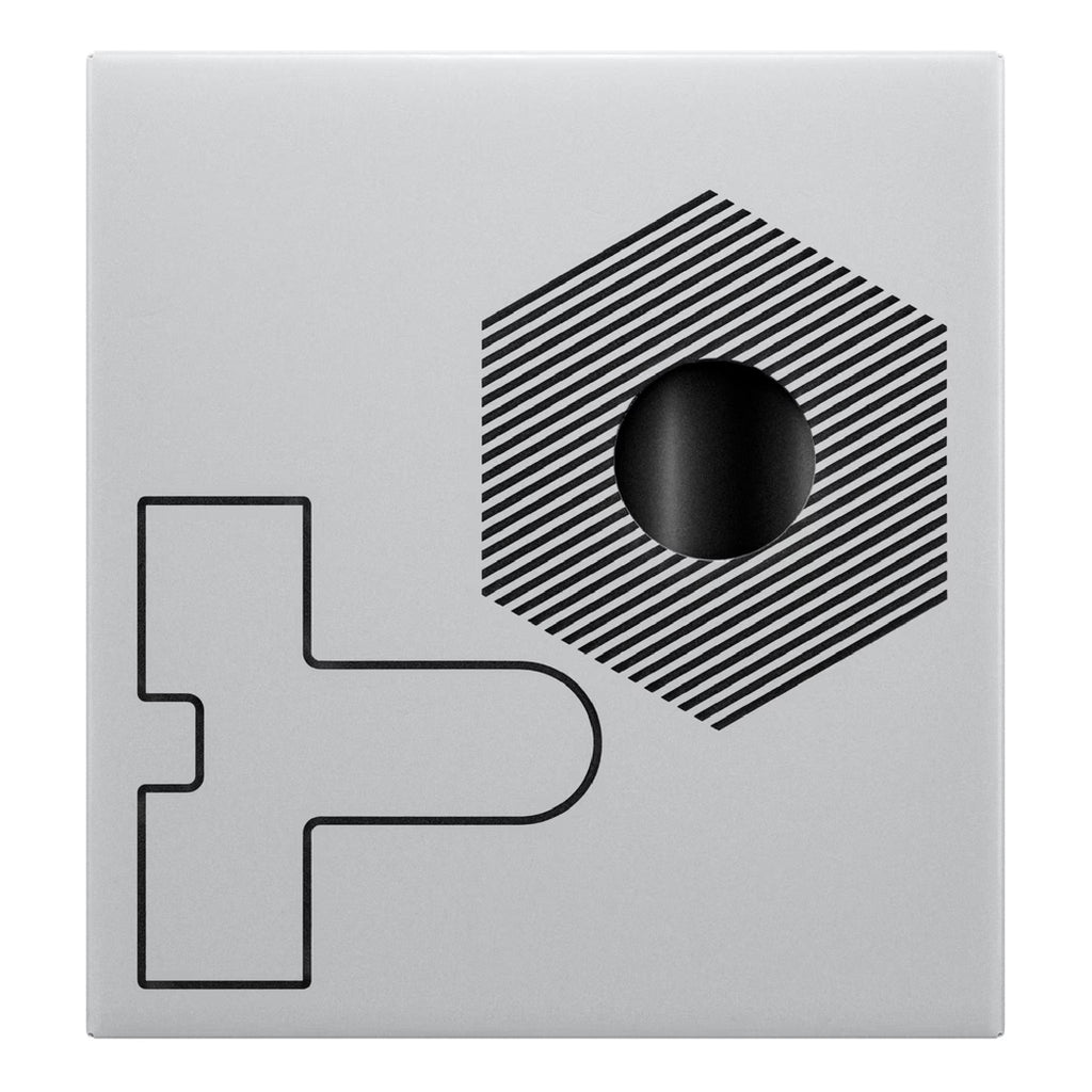 Gray square packaging with a black geometric design and a circular cutout in the center.
