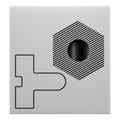 Gray square packaging with a black geometric design and a circular cutout in the center.