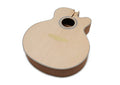 Acoustic bass guitar body with a spruce top, mahogany sides, and a partially visible neck joint area.