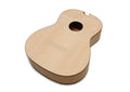 Light brown unfinished classical guitar body with visible sound hole and neck slot on a white background.