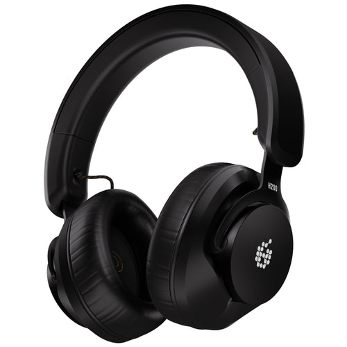 Black closed-back over-ear headphones with padded ear cups and adjustable headband.
