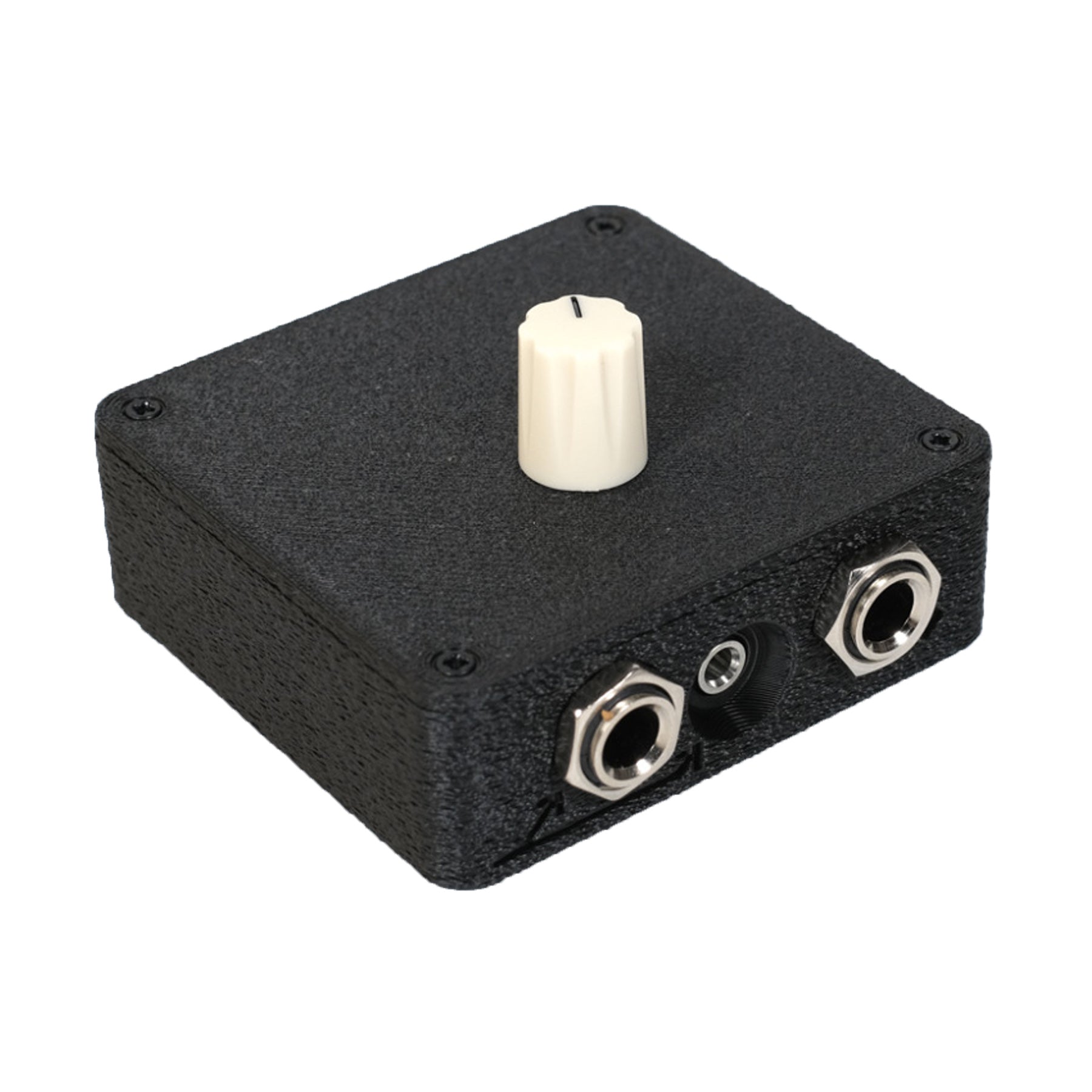 Small black rectangular device with a white rotary knob and two 1/4 inch jack sockets on one side