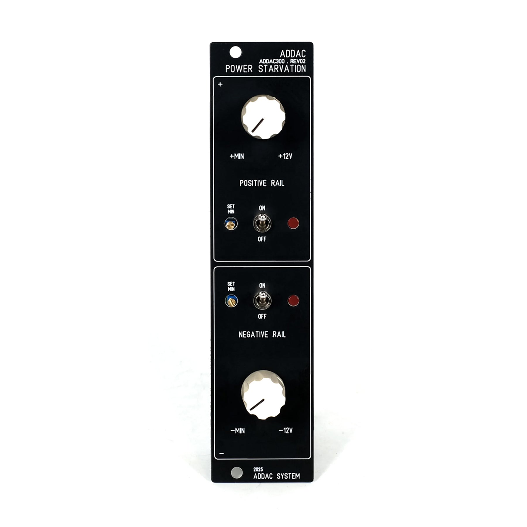 Black ADDAC System ADDAC300 REV.02 Power Starvation eurorack module with knobs, switches, and indicator LEDs.