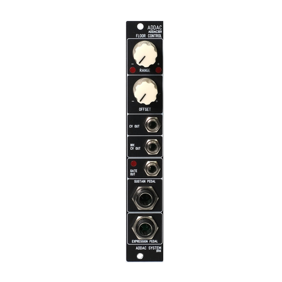 Black eurorack module with two white knobs and five jack sockets labeled for CV, gate, and pedals.