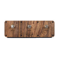 Wooden pedal unit with three metal toggle switches labeled Gate On and small red indicator lights above each switch.