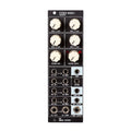Black modular mixer panel with gain knobs and multiple stereo audio input and output jacks.