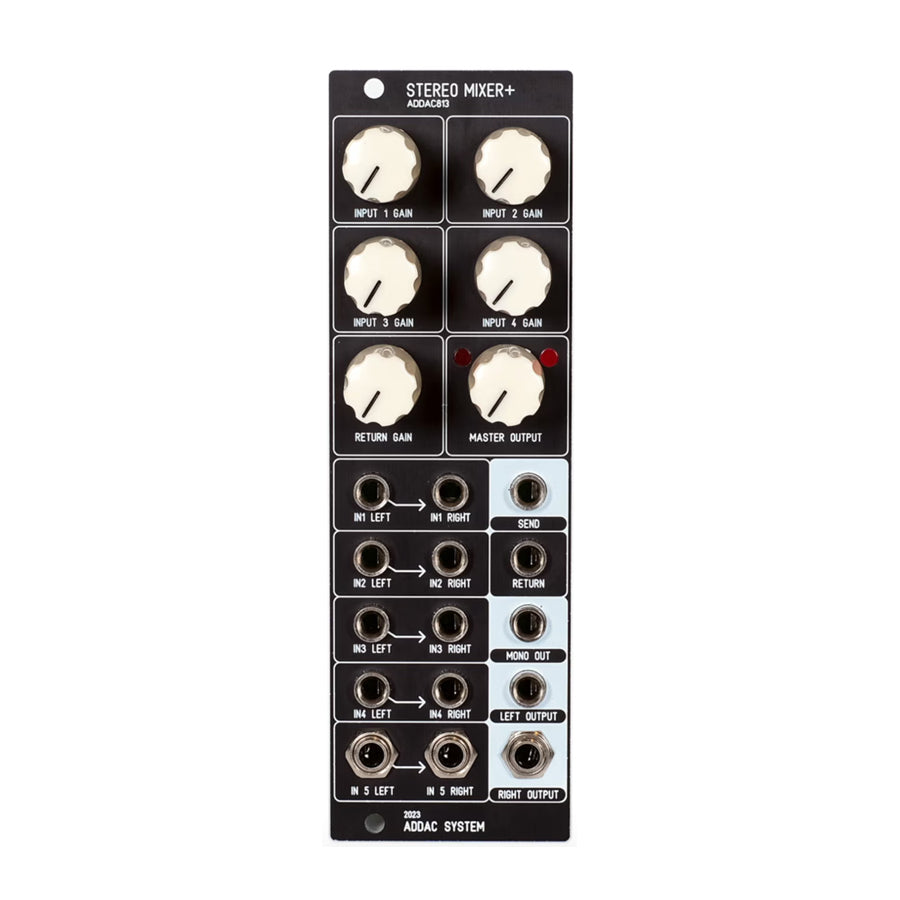 Black modular mixer panel with gain knobs and multiple stereo audio input and output jacks.