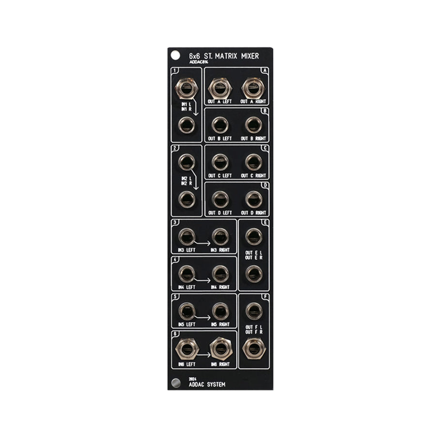 Black eurorack module panel with multiple left and right stereo audio jack connectors labeled as a 6x6 stereo matrix mixer.