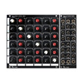 Black 6x6 stereo matrix mixer panel with multiple rotary knobs and 6.35mm audio jacks labeled for inputs and outputs.