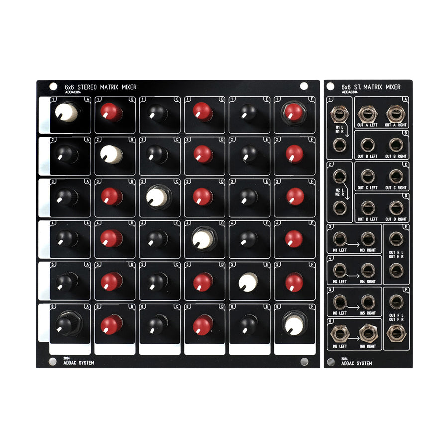 Black 6x6 stereo matrix mixer panel with multiple rotary knobs and 6.35mm audio jacks labeled for inputs and outputs.